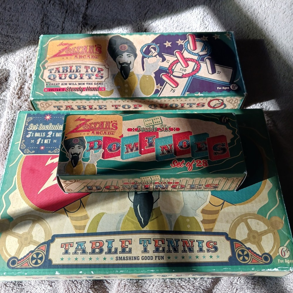 3 Games Zoltars Dominos Table top Quoits And Ping Pong game Net Paddles All New