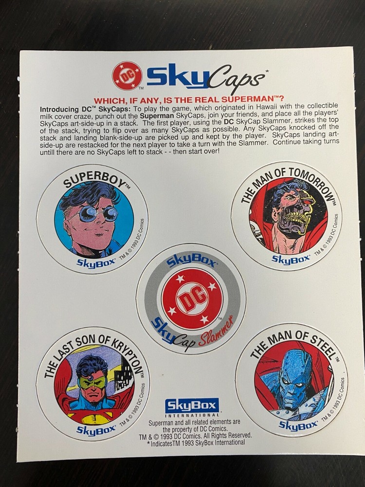 1993 Skybox DC Skycaps Return of Superman DC Comics PROMO Pogs Sheet sealed box