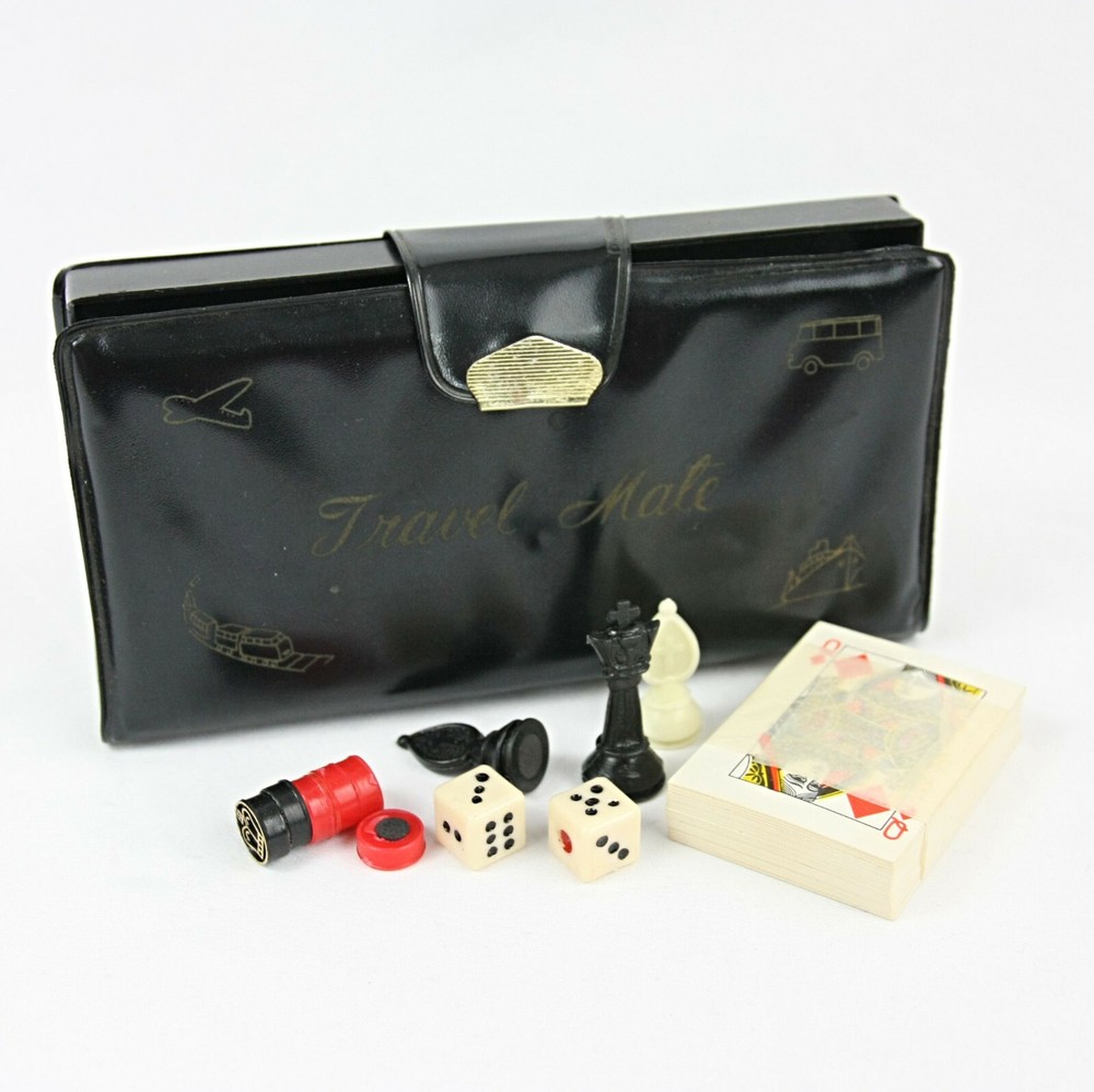 Vintage Travel Mate Games Checkers Chess Dice Cards Set Mini Compact Wallet