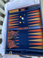 Vintage Wooden Backgammon Game Red, Blue, Gold Multicolored Complete Has All Pcs