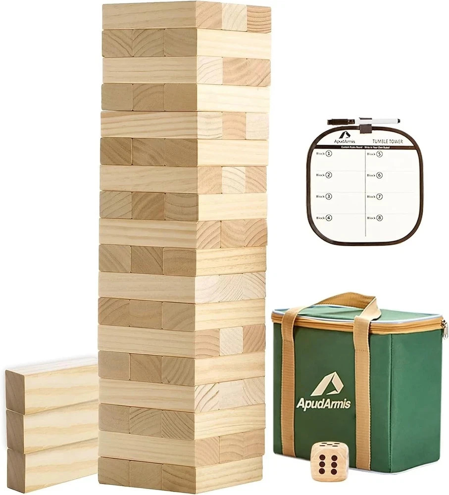 54 PCS Wooden Tumble Tower Game Set Giant Jenga Blocks Dice Scoreboard