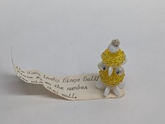 Vintage Lucky Bingo Ball Charm Yellow Beaded Troll Figurine Folk Art
