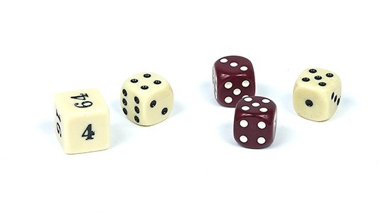 BACKGAMMON DICE SET IVORY AND MAROON 7/16 SQ. WITH DOUBLING CUBE