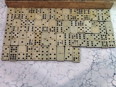 Antique Set of 55 Double Nine Dominoes – Slide-top Wood Case Complete
