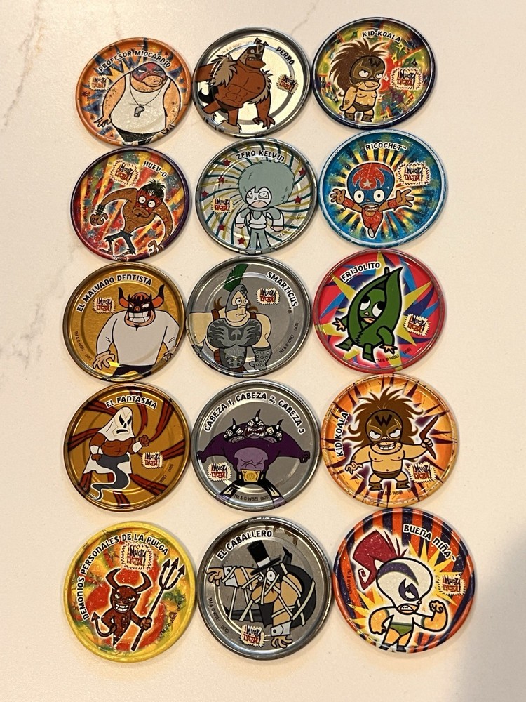 Lot 15 Vintage ¡MUCHA LUCHA! Metalix Tazos Metal Pogs Perro Kelvin Cabeza Rare