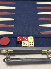 Vintage BACKGAMMON Travel Game Set Navy Blue Faux Leather Folding Case Compact
