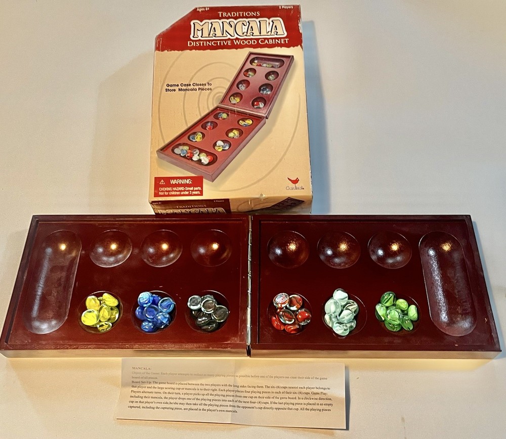 Mancala Game Solid Dark Wood Folding Multi-Color Stones Complete Cardinal