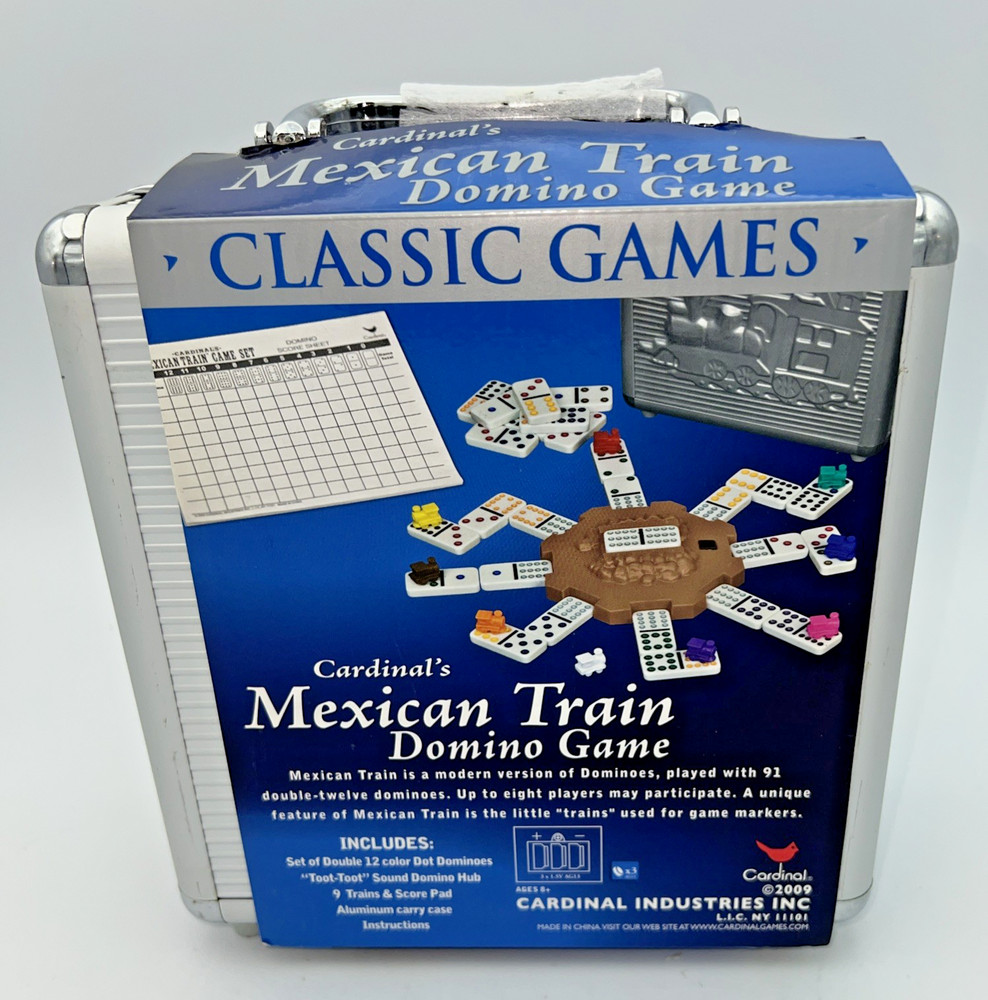 2009 Cardinal Games Mexican Train Dominoes Set NEW Unused Aluminum Carrying Case