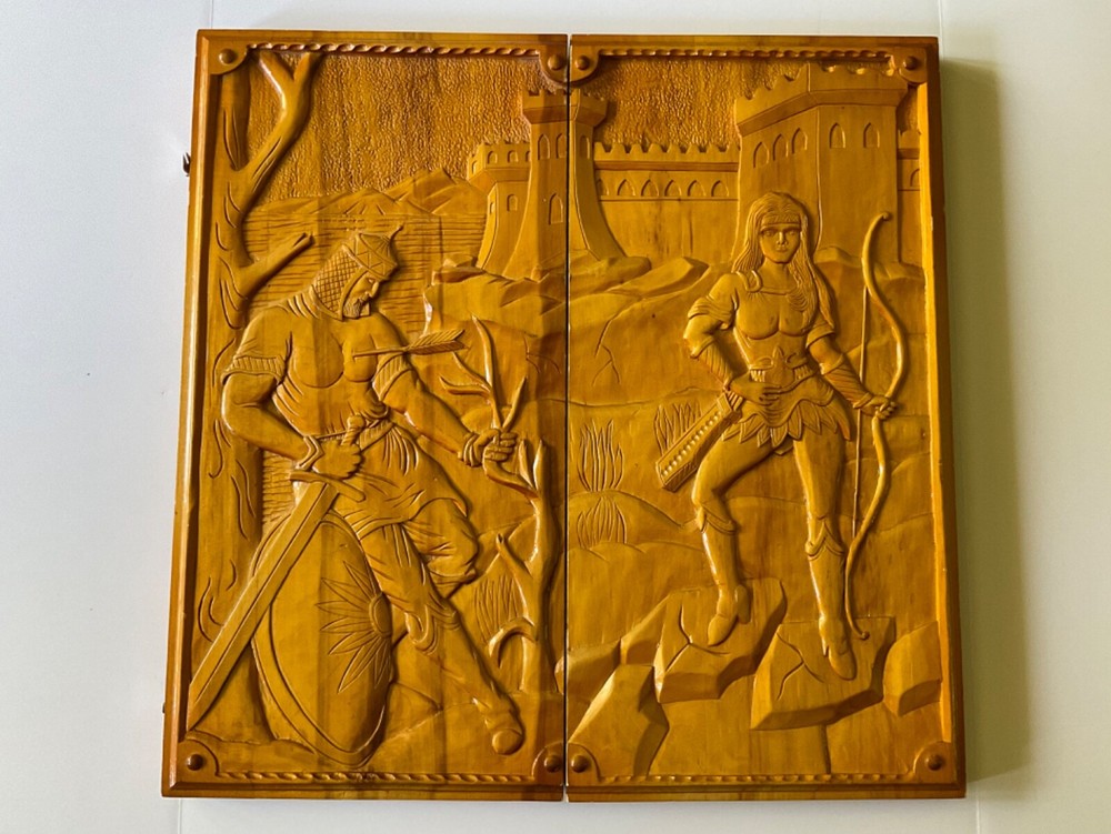 UKRAINE Ooak BACKGAMMON Wood Carved Board Set Bas Relief Knight Woman w/ Arrow