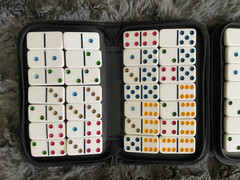 Dominoes 2 Sets of 28 pcs Multicolored with Embroidered Black Zip Cases Complete