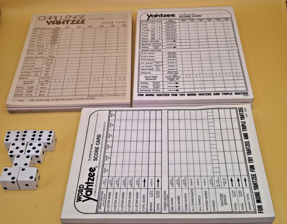 Vintage Yahtzee Score Pads 1974-1982-1990 over 350 sheets ! & 8 dice included