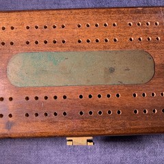 Vintage Game set of 28 Dominoes, Cribbage and Playing Cards In Walnut Case