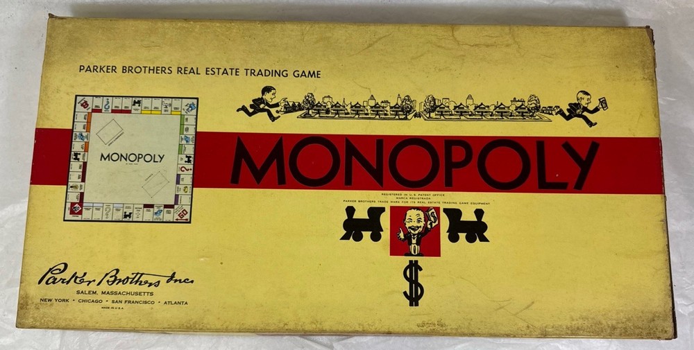 Vintage 1954 Monopoly Game Yellow Box Wooden Tokens Incomplete. See Description.