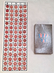 Vtg Wooden Bingo Number Caller Chips, Card, & Shaker Box Set 1-75 Milton Bradley
