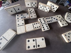 Vintage Double Six Dominoes Set of 28. Hand Made. Well Used. Wood 5.5×2.75x.75