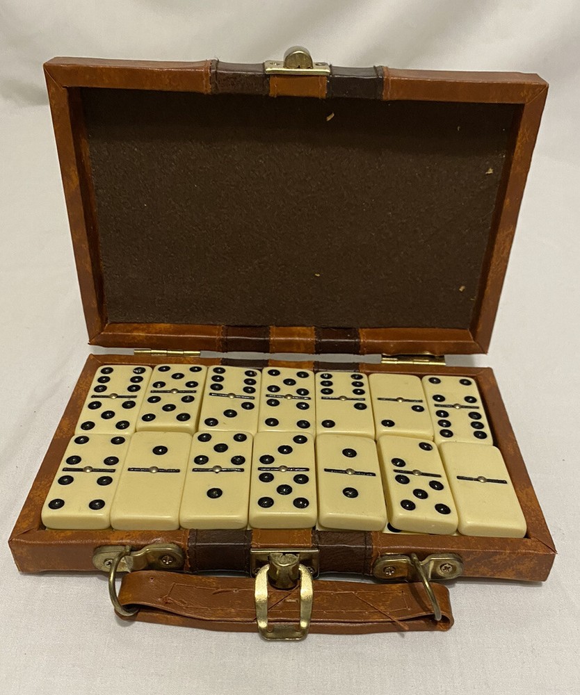 Double Six Dominoes Original Box in Lined Case with Clasp 7.5 x 5.5″