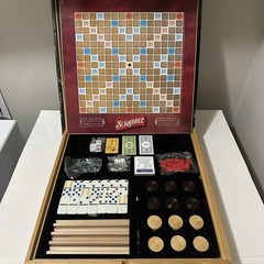 🔥 Vintage 2007 Monopoly, Scrabble & 4 Classic Games Solid Wood Cabinet 🔥