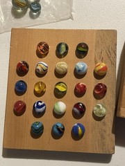 2 Vintage Wooden Marble Solitaire Games with 29 Marbles Cats Eye Nice! 1960’s