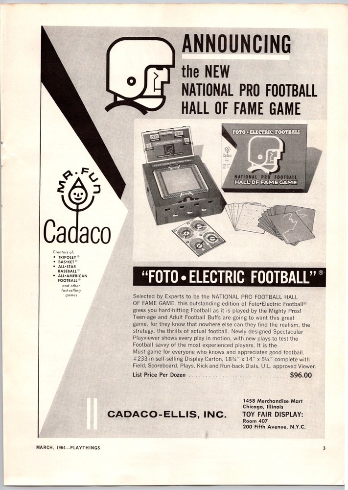 1964 Cadaco Vintage Toy Ad National Pro Football Hall of Fame Game Foto Electric