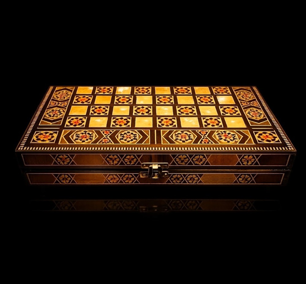 Vintage Mosaic Inlay Chess Backgammon Set Handcrafted Wood Marquetry Game Box