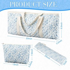3 Pcs Quilted Empty Mahjong Bag Set, Thickened Blue Floral Carrying Bag Set w…