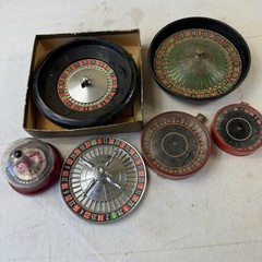 LOT 1940’s Vintage Pocket Roulette Red Tin Toy Mini Travel Antique Wheel Games