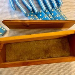 Vintage Two-Tone Blue and White Double Six Dominoes Complete 28 Set Wood Box