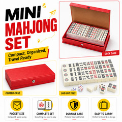 Compact Mini Mahjong Set with Dice Red Carry Case Travel Family Party Game Gift