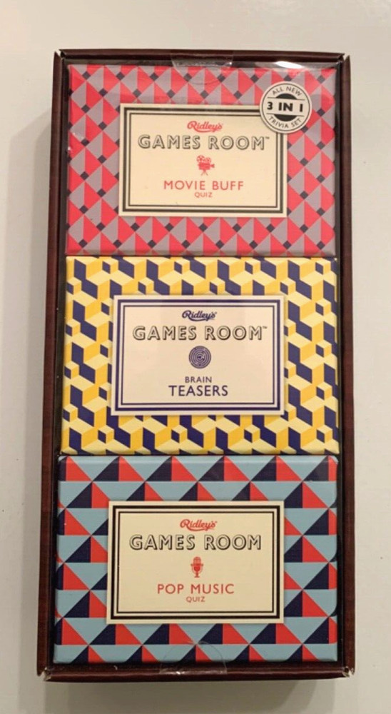 RIDLEY’S Set/3 GAMES ROOM Trivia Cards MOVIES MUSIC BRAIN TEASERS SEALED Box NEW