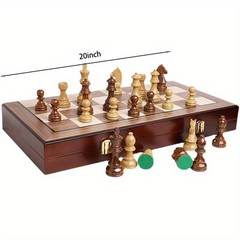 20″ Extra Large Folding Chess Set – Walnut Wood Board & Weighted PVC Pieces –