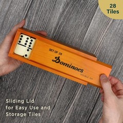 Queensell Jumbo Dominoes Set for Family Fun – 28 Double 6 Tiles in Wooden Box