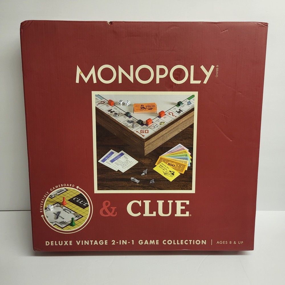 Monopoly & Clue Board Games Deluxe Vintage Ed. 2-in-1 Game Collection Wood Board