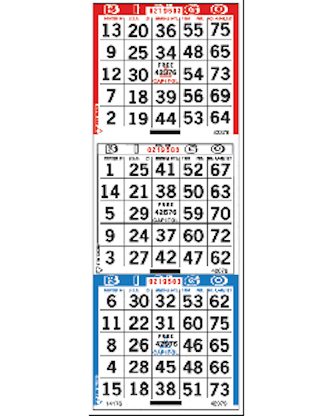 3 on Vertical Bingo Paper Game Cards- Pack of 500 Sheets- Red,White,Blue Border