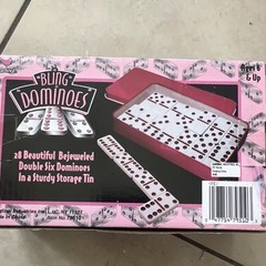 Cardinal Bling Bejeweled Dominoes Double Six Pink in Purple Storage Tin
