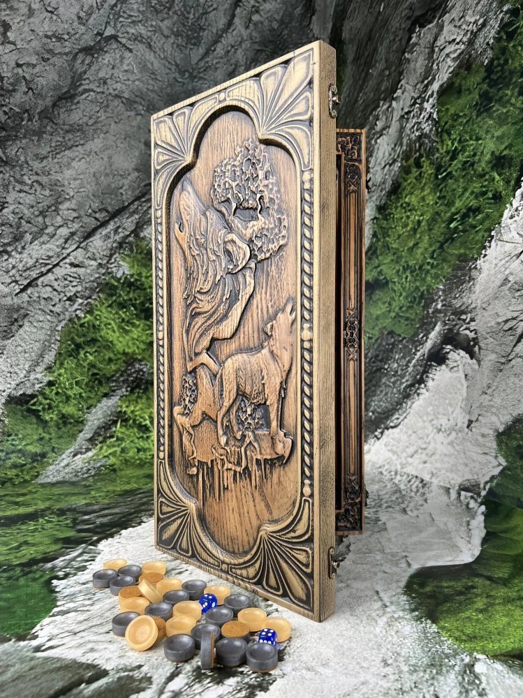Wolves Handmade Wooden Backgammon Set 19″ Ukraine Hand Carved Wolf Board + cover