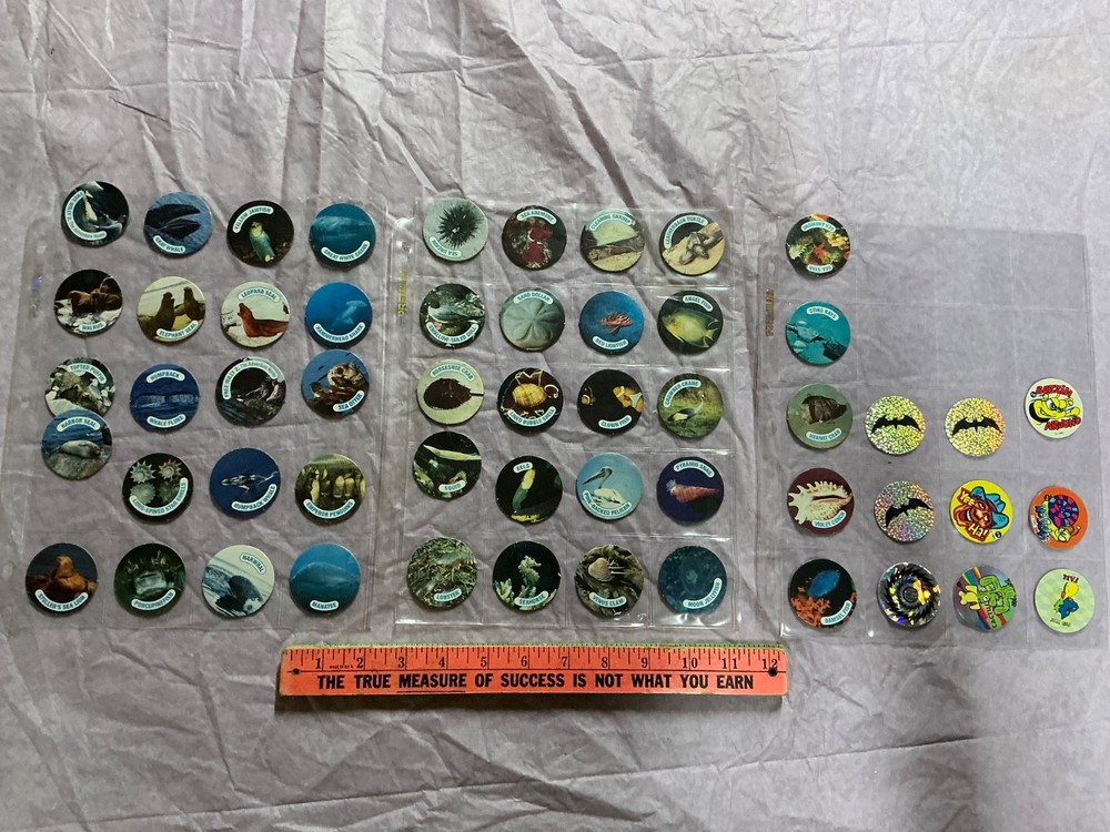 Vintage POG Lot Mixed Pogs Lot Various Animals, Batman, and zeebs