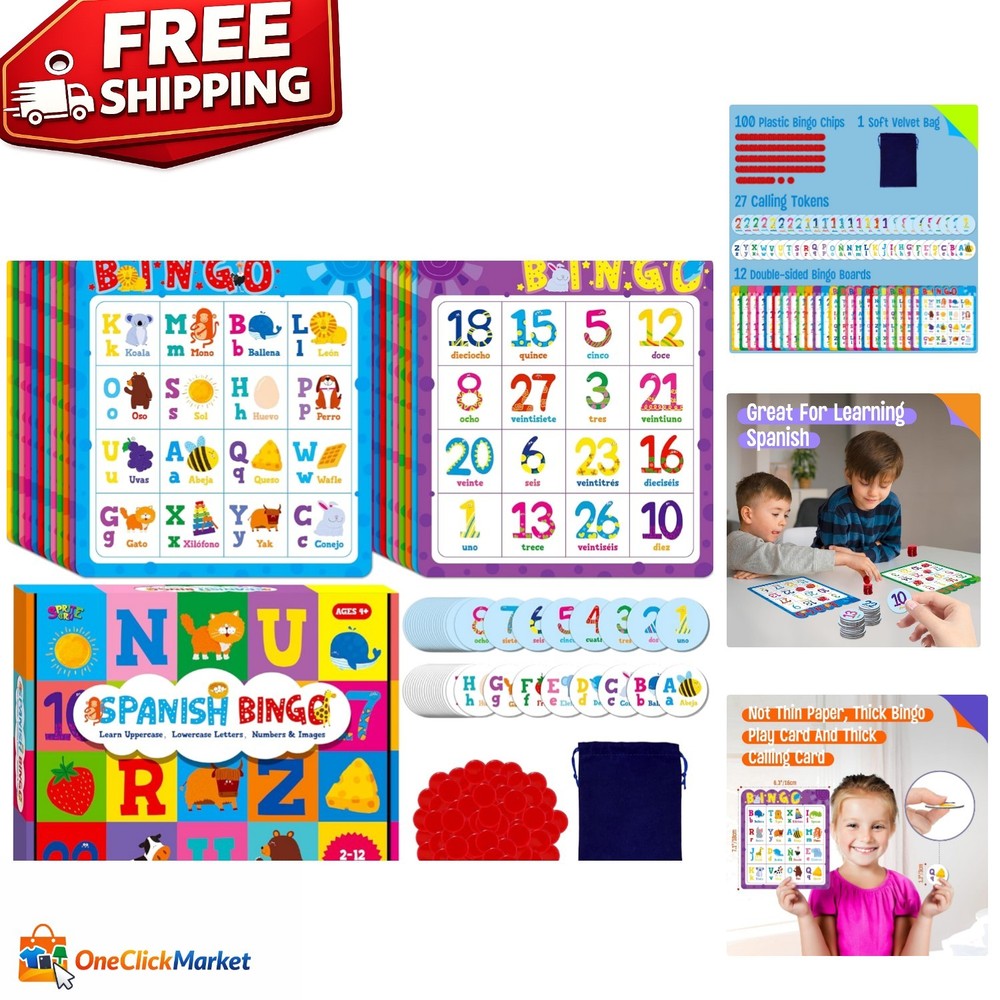 Multicolored Spanish Bingo Game Set for Vocabulary Learning – Up to 12 Players