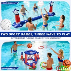 Pool Games Set 3-in-1 Volleyball Net Basketball Hoop Ring Toss Large July 250th