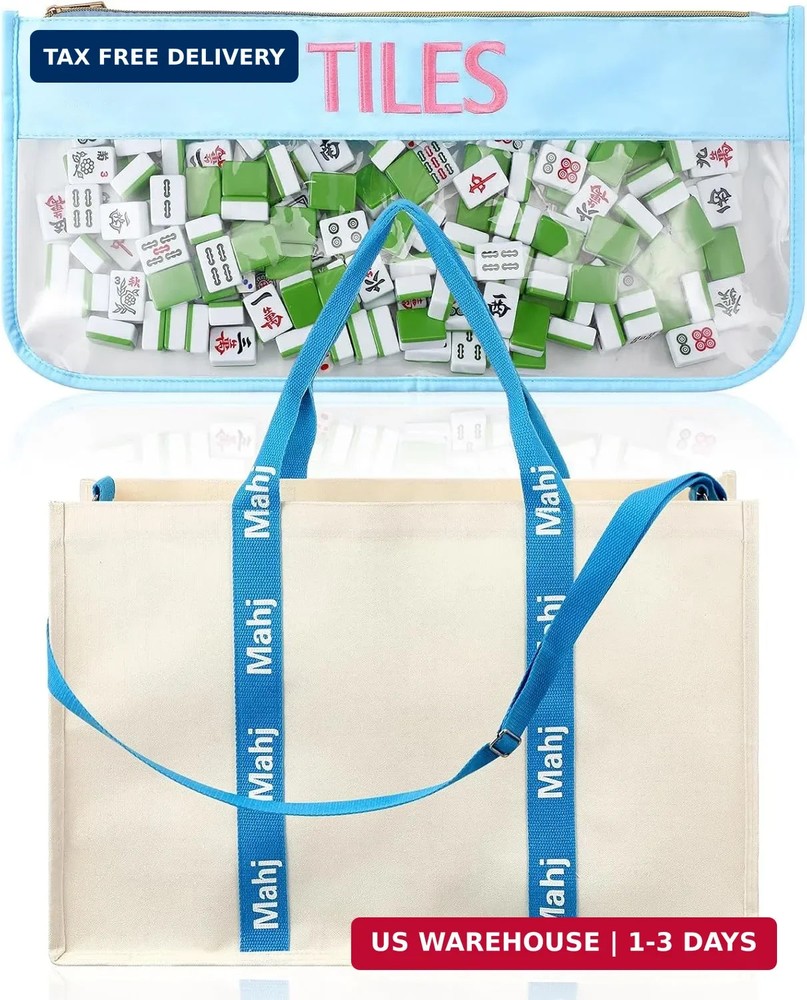 2 Pcs Embroidered Mahjong Canvas Tote Bags Large Empty Mah-Jong Tile Bag Mahjong