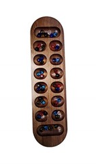 Vtg FAO Schwarz Cardinal MANCALA Premiere Edition Solid Walnut Wood & Gemstones