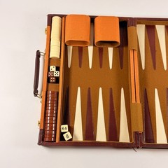 Vintage Travel Size Backgammon Set Faux Leather Compact Design With Dice & Cups