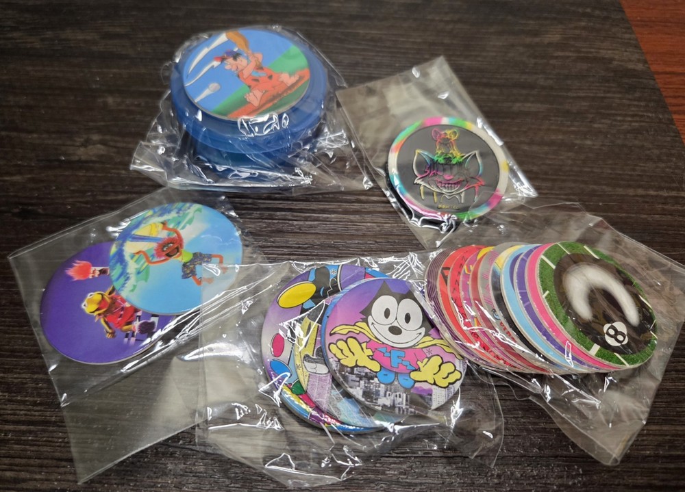 Lot Of Pogs & Small Pog Case Various Characters