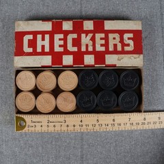 Vintage Wooden Checkers 24 Piece Set Hal Sam Made in USA Embossed Wood Game Box