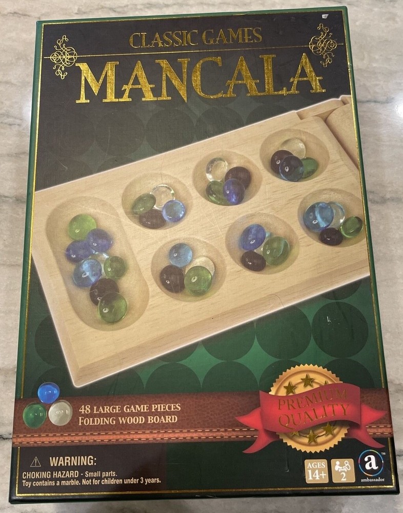 Classic Games Mancala Folding Wood Board Game 48 Multicolored Stones Premium