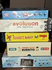 Family & Party Board Game Bundle Lot 5 Complete Evolution, Eureka, Throw Burrito