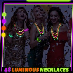 Neon Beads Necklaces 48 Pieces 33 Glow Dark UV Party Supplies Ecally Black Light