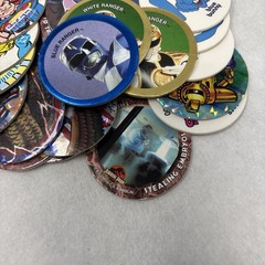 Vintage Pogs Lot Various 1990s Power Rangers, Jurassic Park, DC Comics w/ Tube
