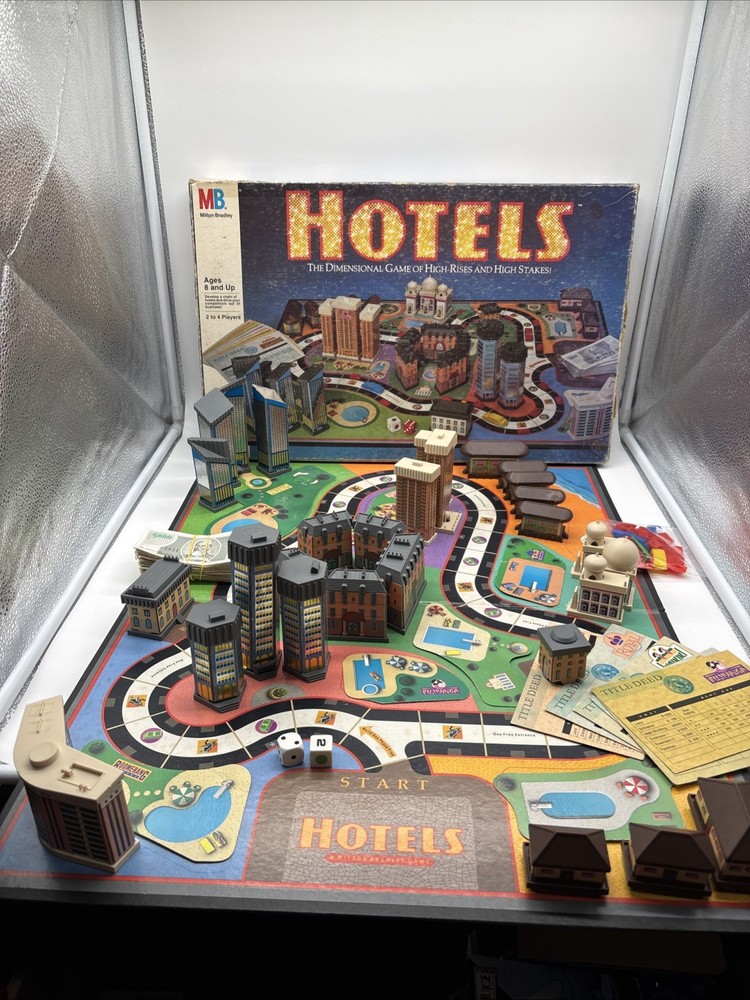 Vintage 1987 HOTELS Board Game Milton Bradley Real Estate Game – 99% Complete