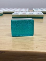 Mah Jong Mahjong 166 Tile Set Blue Teal 3 layer Lucite Tiles Pusher Racks Case