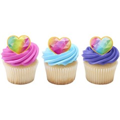 Cupcake Rings 24 Pack Rainbow Prism Heart Multicolored Food Safe DECOPAC Toppers